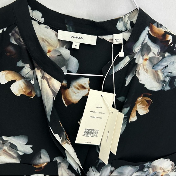 Vince Black Silk Peony Printed Shell Cropped Blouse Cap Sleeves (NWT) - Picture 3 of 5